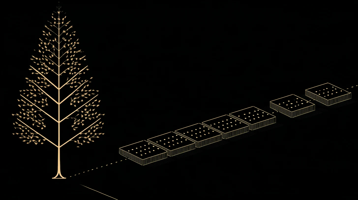 A tall gold line-drawn tree on black, its symmetric branches scattered with small leaves, stands at the left; from its base a dotted line leads to a row of shallow trays, each holding a grid of gold dots, that rises diagonally to the right, with the last two trays set apart and linked by the dotted line.
