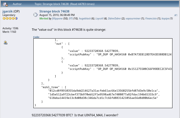 Screenshot of Jeff Garzik's Bitcointalk post about Bitcoin block 74638 showing two enormous output values.